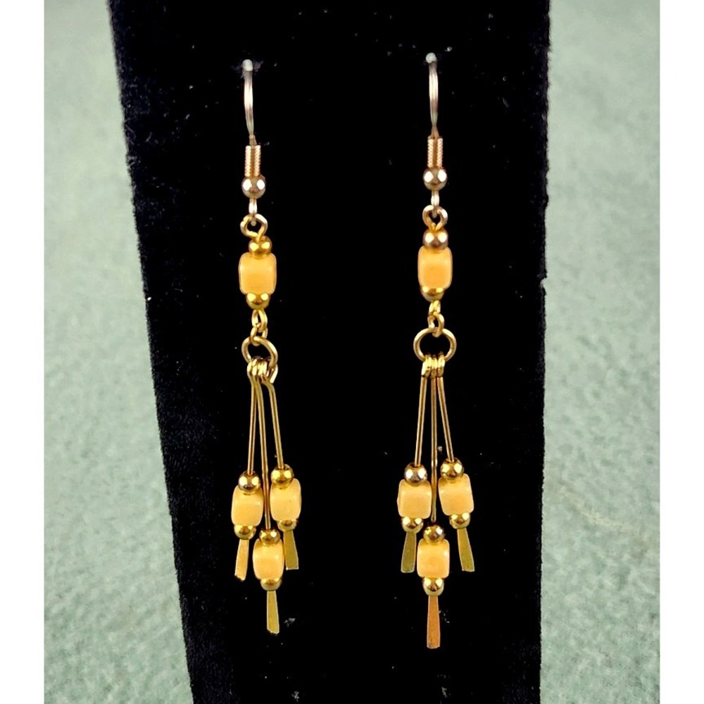 Vintage Gold Tone‎ Cream Square Bead Triple Drop Dangle Earrings Boho 8cm